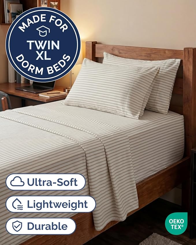Extra Deep Twin XL Sheet Set - 4 Piece Breathable and Cooling Sheets - Hotel Luxury Bedding for Women, Men, Kids & Teens - Easy Secure Fit - Soft & Wrinkle Free - Extra Deep Pockets - Beige Stripes