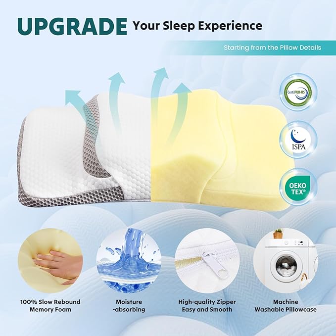 NEWBULIG Cervical Neck Pillow - Ergonomic Memory Foam Pillow for Neck Pain Relief, Contour Orthopedic Bed Pillow for Side, Back & Stomach Sleepers with Neck Support, 26.51" Lx15.1 W, White & Grey