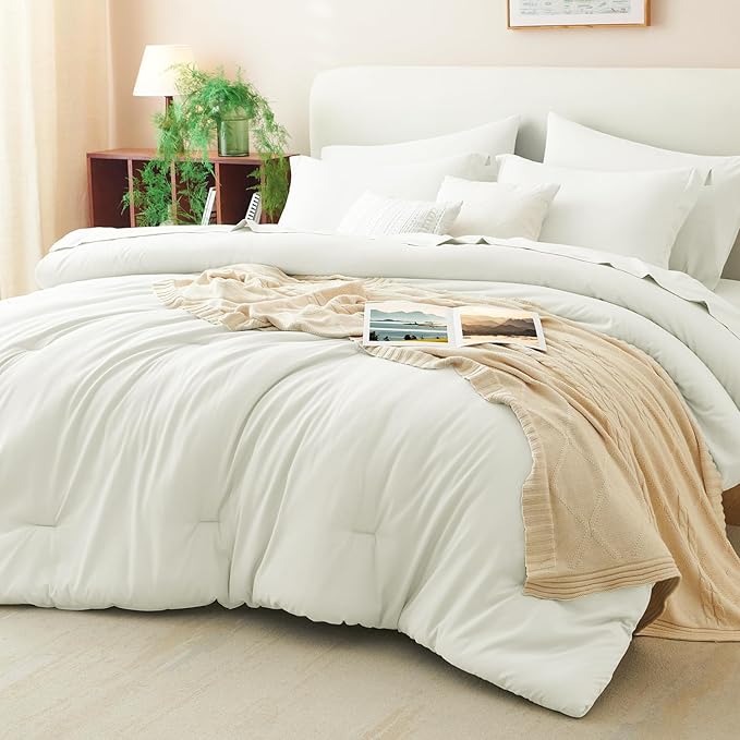 CozyLux Queen Comforter Set Ivory, 7 Pieces Bed in a Bag Queen Comforter Set with Sheets, Luxury Soft Bedding Sets with Down Alternative Comforter, Fitted Sheet, Flat Sheet, Pillowcases & Shams