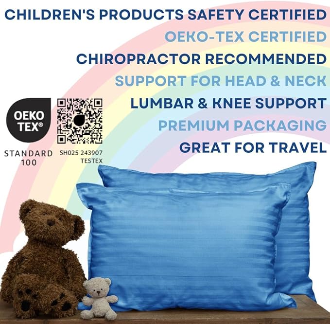 kinder Fluff Pre-Teen Pillow 2X–Certified Hypoallergenic Award Winning Youth Pillow (no Pillowcase Needed) 300TC Pure Cotton Shell and Down Alternative Fill. Toddler Bedding Kids Pillow 12+ Blue