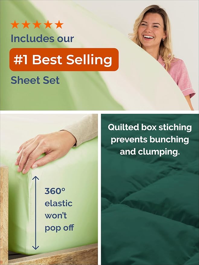 Queen Comforter Set - 3 Piece Bed Set for All Seasons - 1 Soft Quilted Comforter w/ Corner Tabs & 2 Pillow Shams - Comfy, Cozy & Breathable - Premium Down Duvet Insert - Queen Size, Emerald/Light Sage