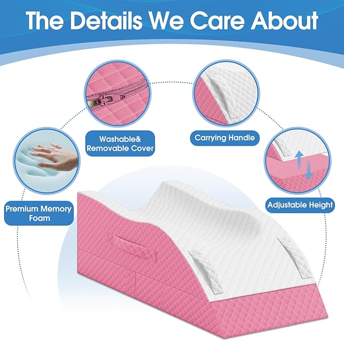 TranquilRelax Elevation Pillows for Leg After Surgery, Memory Foam Adjustable Wedge Pillow for Injury or Rest, Ankle Pillow for Sleeping Blood Circulation Pink/Single Leg
