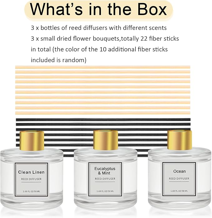 Reed Diffuser Set of 3 Pack,Clean Linen,Citrus,Lavender Scented Oil Diffuser with 4 Sticks,Reed Diffusers for Home,Living Room,Bathroom Air Freshener Diffuser,50ml x 3