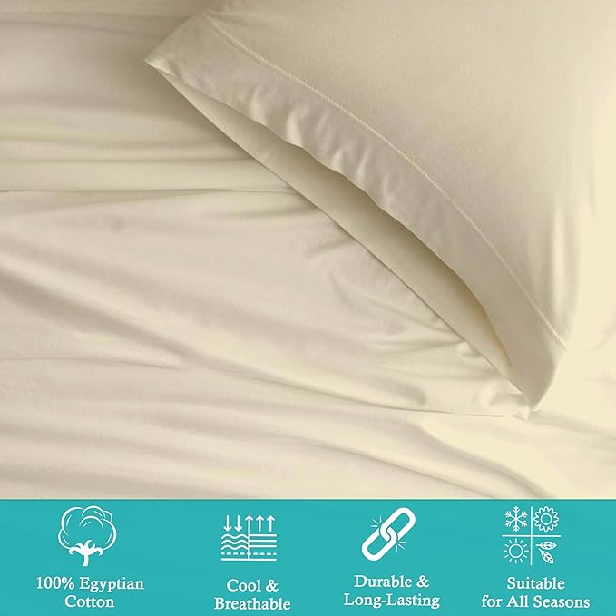 Queen 4 Pc Sheet Set 600 TC Egyptian Cotton Sheets Queen Size Cotton Sheets for Queen Size Bed Sateen Long Staple Deep Pockets Flat Fitted Pillow Case Better Than Percale Hotel Quality Ivory