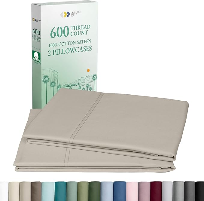 California Design Den Premium Standard/Queen Size Pillow Cases Set of 2-600 Thread Count Sateen, Natural 100% Cotton Pillow Cover, Crisp, Durable Bedding - Soft Linen