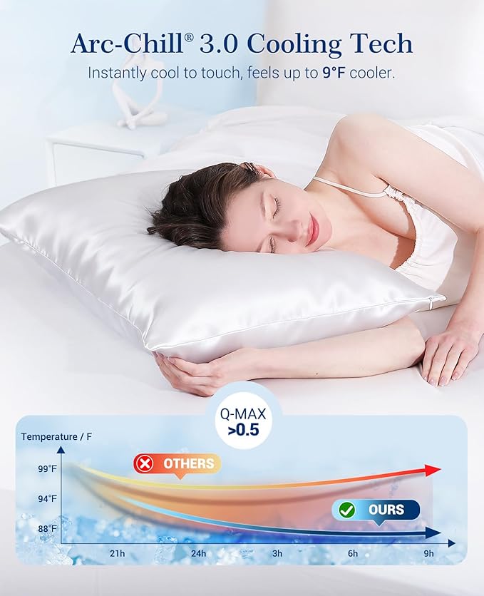 Elegear Cooling Pillow Cases Set of 2 for Hot Sleepers, Silky Satin Pillowcase for Hair & Skin, Upgraded Arc-Chill Cooling Satin Pillowcase Q-max>0.5, Luxury Zipper Pillowcase Cover-Standard,White