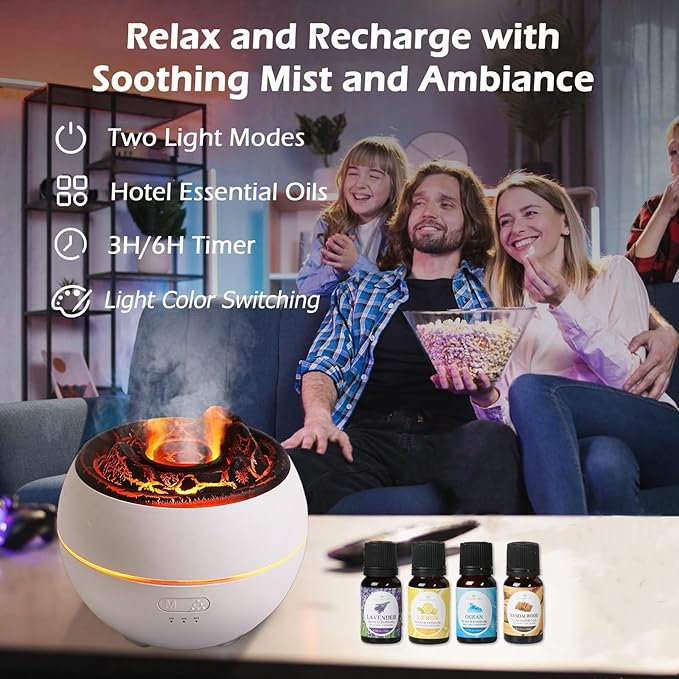 Volcano Essential Oil Diffuser, Volcano Flame Aromatherapy Diffuser, 7 Colors Fire Light & 4 Essential Oils, 360ml Auto-Off Cool Mist Ultrasonic Humidifier/Diffuser for Home Party Holiday