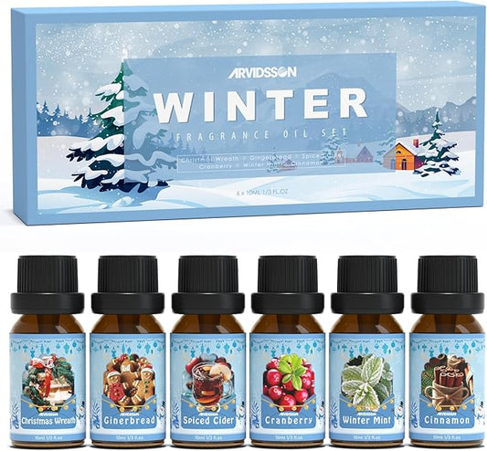 ARVIDSSON Winter Essential Oils Set, Holiday Fragrance Oil for Diffuser， Candle Making - Cinnamon, Christmas Wreath, Apple Cider, Gingerbread, Cranberry, Winter Mint Scented Oils for Home