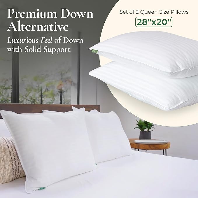 Fern and Willow Premium Queen Size Bed Pillows - Set of 2, 28"x20" - Luxurious Ultra-Soft Cooling Pillow - Hotel Quality, Down Alternative Fill, Medium Firm Support for Side, Back & Stomach Sleepers