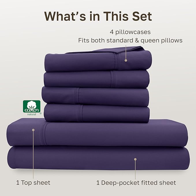 California Design Den 6-Pc Queen Size Sheet Set with 4 Pillowcases - 400 Thread Count 100% Cotton Sheets, Sateen Weave, Deep Pocket Bedsheets Set - Dark Purple