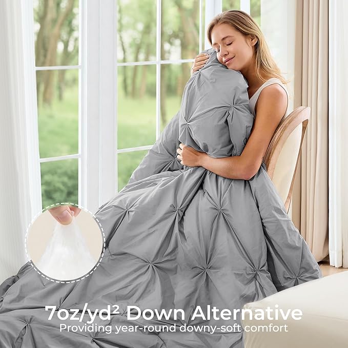 Sasttie Twin XL Comforter Set, 5-Piece Bed in a Bag, Pintuck Bedding Sets for All Season, Includes Comforter, Flat Sheet, Fitted Sheet, Pillowcase and Pillowsham, Light Grey