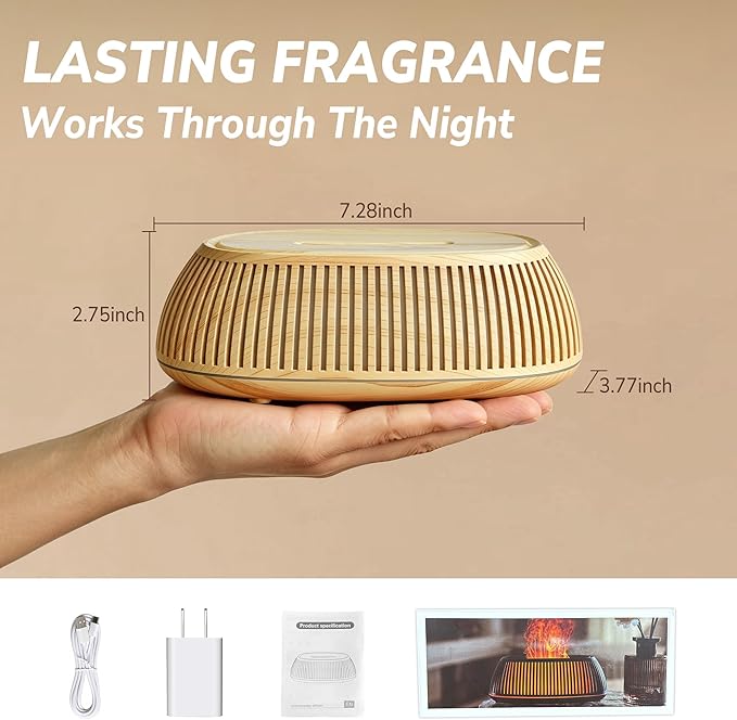 Flame Essential Oil Diffuser 150ml, Ultrasonic Aromatherapy Diffuser with 7 Color Lights, 1/2/4H Timer, Auto Shut-Off for Home Office Bedroom (Wood)
