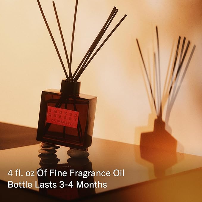 P.F. Candle Co. Smoked Cherry Premium Scented Reed Diffusers (4 fl oz) Luxury Cocoa Brown Glass Jar, Fine Fragrance Oil, Long-Lasting Flame-Free Scent