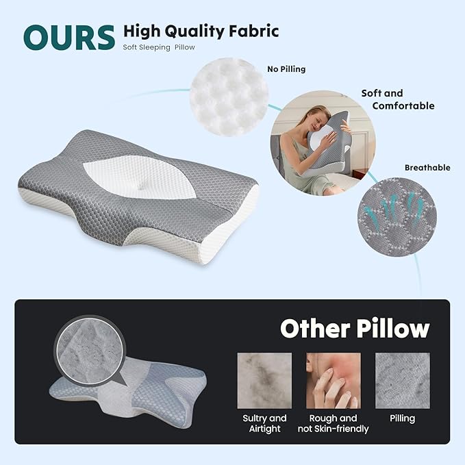 NEWBULIG Cervical Neck Pillow - Ergonomic Memory Foam Pillow for Neck Pain Relief, Contour Orthopedic Bed Pillow for Side, Back & Stomach Sleepers with Neck Support, 24.82" Lx14.62 W, Grey