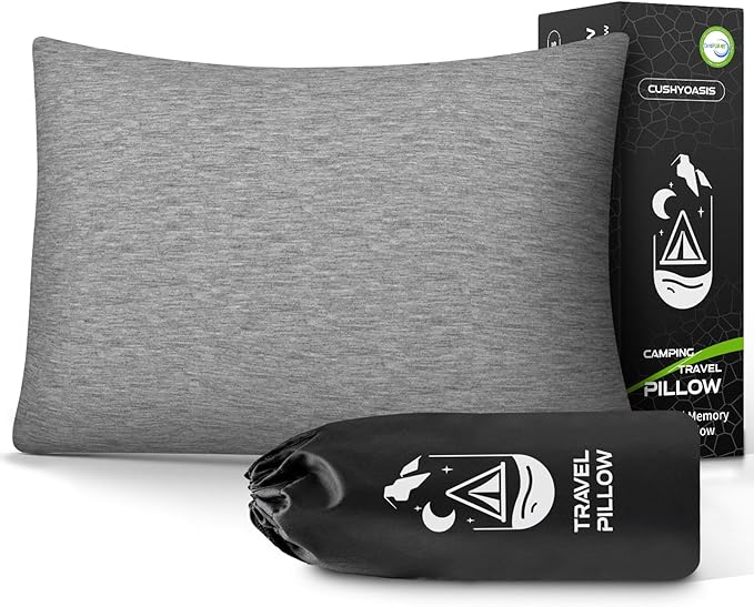 CushyOasis All-in-1 Camping Pillow Set - Shredded Memory Foam Neck Pillow Travel Pillow with Eye Mask, Earplugs, Washable Cover, Compact for Backpacking, Camping, Flights, Car Travel (Small Size)