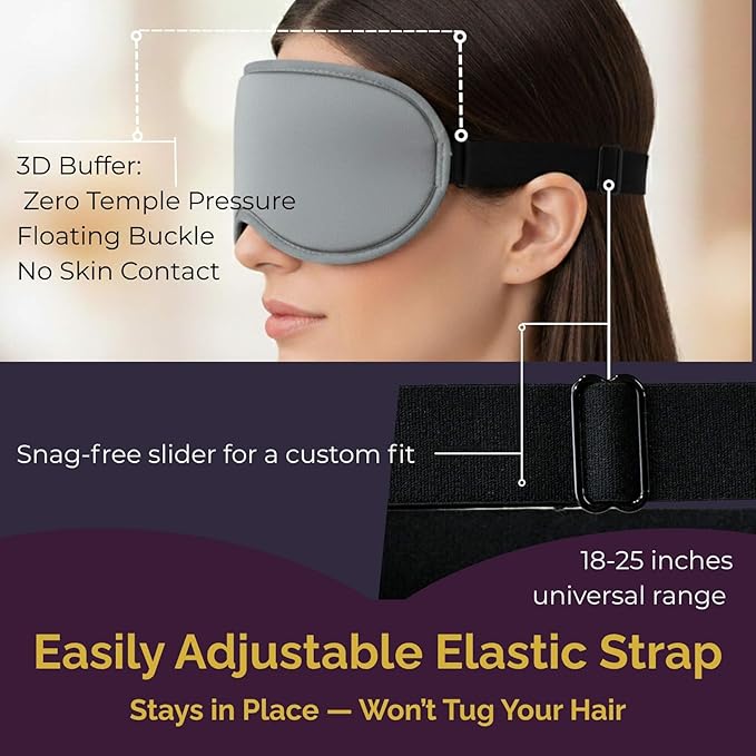 Ringchan 3D Contoured Eye Mask for Travel - 100% Blackout Sleep Mask for Men Women - Zero Eye Pressure Adjustable Eye Cover for Nap, Office & Meditation, Comfortable & Soft - Slate Gray