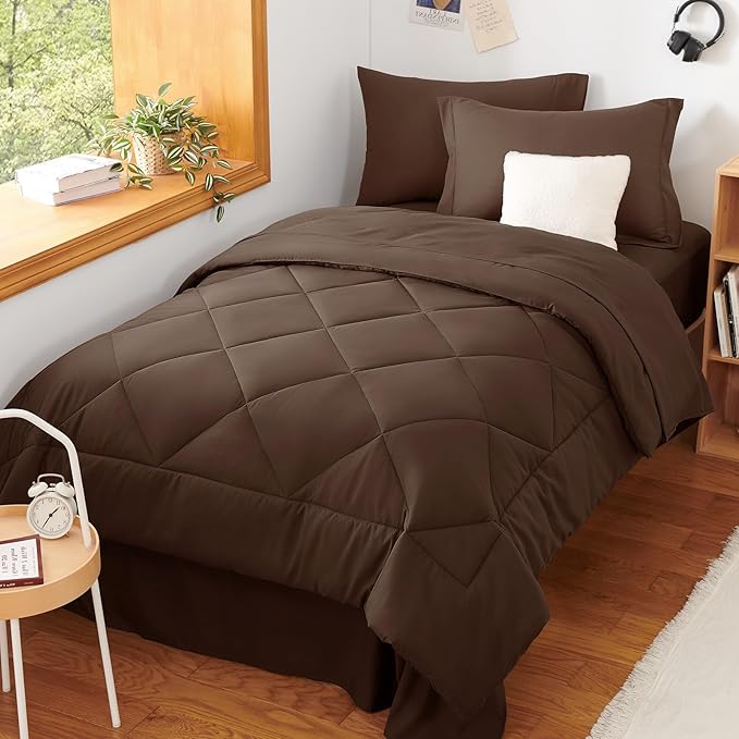 CozyLux Twin XL Comforter Set Brown - 5 Pieces Twin Extra Long Bed in a Bag for College Dorm, All Season Bedding Set for Girls and Boys, Soft Bed Set with Comforter, Sheets, Pillowcase & Sham