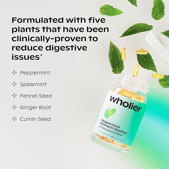 wholier Peppermint Stomach Soother with Peppermint Oil, Ginger, Fennel, Spearmint & Black Cumin Seed Oil, Bloating, Gas, Nausea & Digestive Support for Adults, Vegan, Gluten Free, 60 Dual Capsules