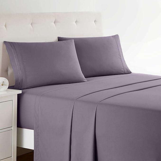 Clara Clark Bed Sheets, Premier 1800 Series Bed Sheet Set, Deep Pocket, Wrinkle, Fade, Stain Resistant, Luxury Soft Bedding Sheets & Pillowcases, Queen, Grayish Purple