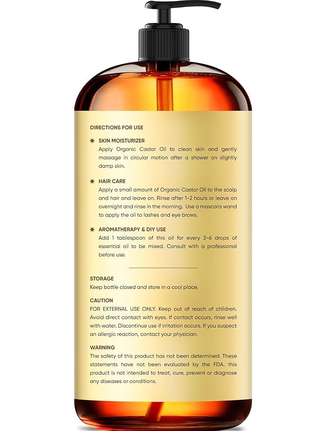 Brooklyn Botany Cold-Pressed Organic Castor Oil | for Hair, Skin and Face | 16 Fl Oz | 100% Pure and Natural | Carrier Oil for Essential Oils, Aromatherapy and Massage | Hexane Free