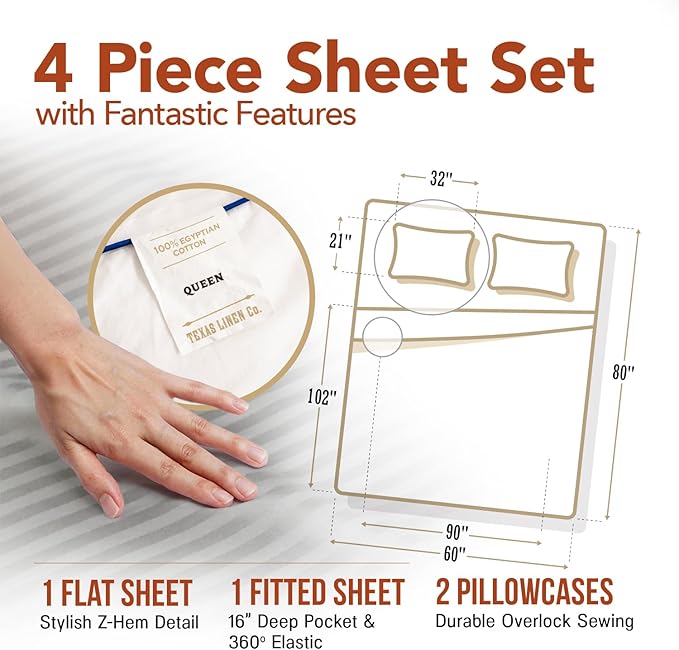 TEXAS LINEN CO. Luxury Egyptian Cotton Queen Size Sheet Set - Texan Talkin' Damask 600 Series 4 PC Deep Pocket Fitted and Flat Sheets, Cooling Extra Long Staple Sateen Hotel Bedding - Silver Stripe