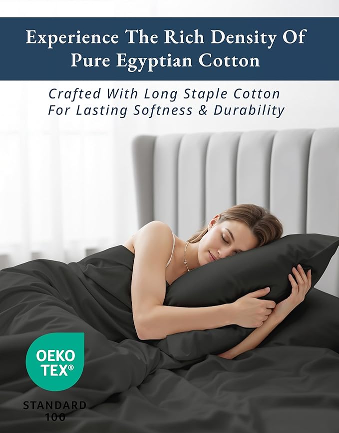 LANE LINEN 100% Egyptian Cotton Sheets Set Full Size Bed, Fully Elasticized Reinforced Seams Extra Deep Pocket Full Sheets Set (Never on Clearance), No Pill Fade Resistant Cooling - Black