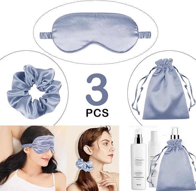 3Pcs Satin Eye Mask Silk Sleep Masks Set Silky Blindfold Eyeshade Blackout Eyes Cover Pouches Bag Scrunchy Wedding Gift