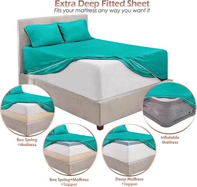 Hearth & Harbor Extra Deep Pocket King Size Sets - Fits Mattress 18-24 Inches Deep - Extra Deep Pocket Sheets - 6 Piece King Size - Teal