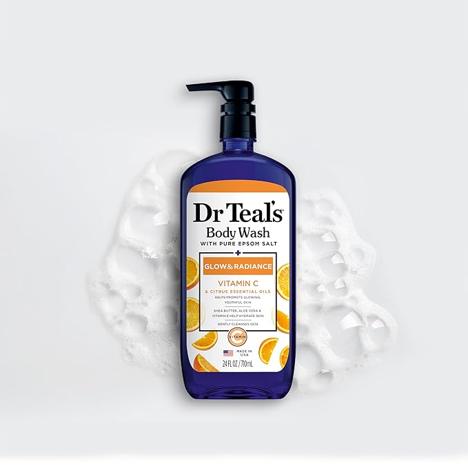 Dr Teal's Body Wash with Pure Epsom Salt, Glow & Radiance with Vitamin C & Citrus Essential Oils, 24oz (Pack of 4)