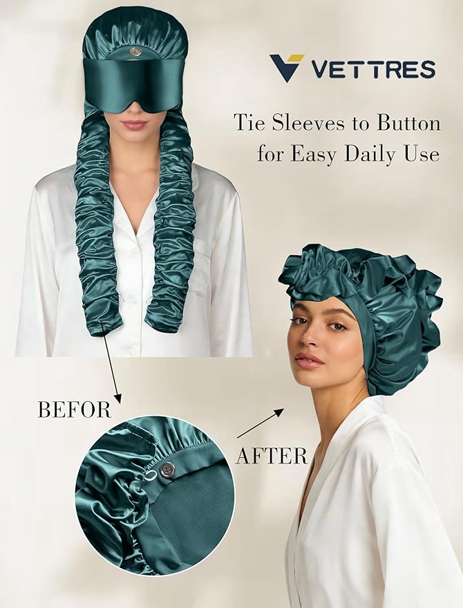 Satin Bonnet for Sleeping with Eye Mask，No Slip Sleep Bonnet with Long Curling Ribbons for Braids & Long Hair
