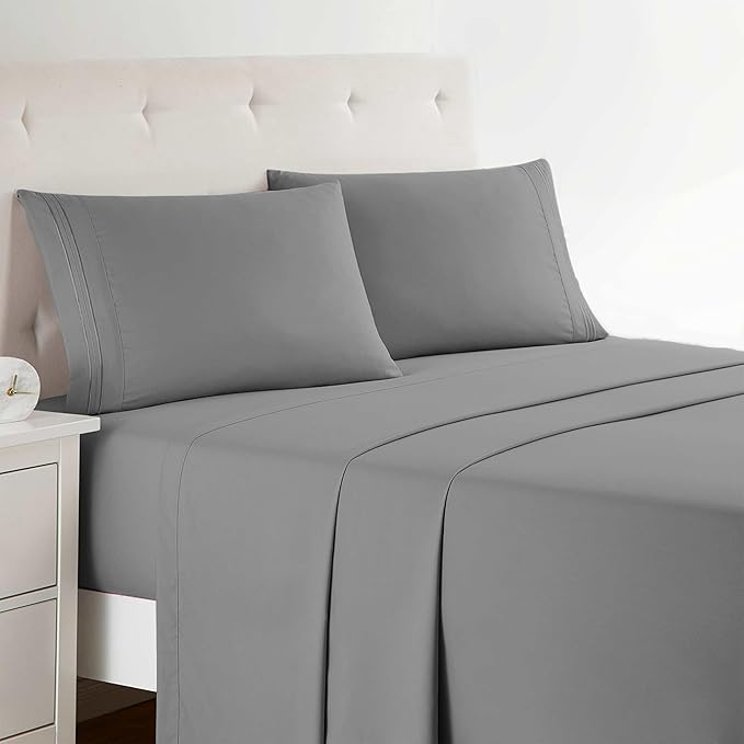 Clara Clark Bed Sheets, Premier 1800 Series Bed Sheet Set, Deep Pocket, Wrinkle, Fade, Stain Resistant, Luxury Soft Bedding Sheets & Pillowcases, Queen, Frost Grey