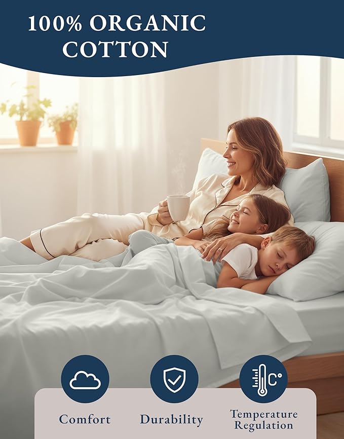 LANE LINEN 100% Organic Cotton Twin XL Sheets Set 3-Piece Pure Percale Soft Bedding Breathable Fits Mattress Upto 15" Deep - Glacier Grey