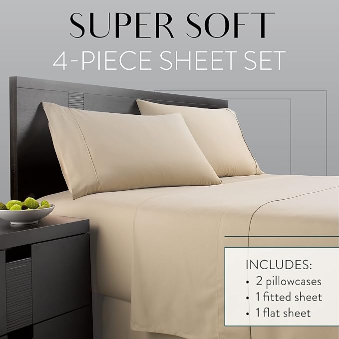 Danjor Linens Twin Bunk Bed Sheets w/ 2 Pillowcases, Lightweight Brushed Microfiber Deep Pockets, 4 Piece Fitted Bedding Sets, Taupe