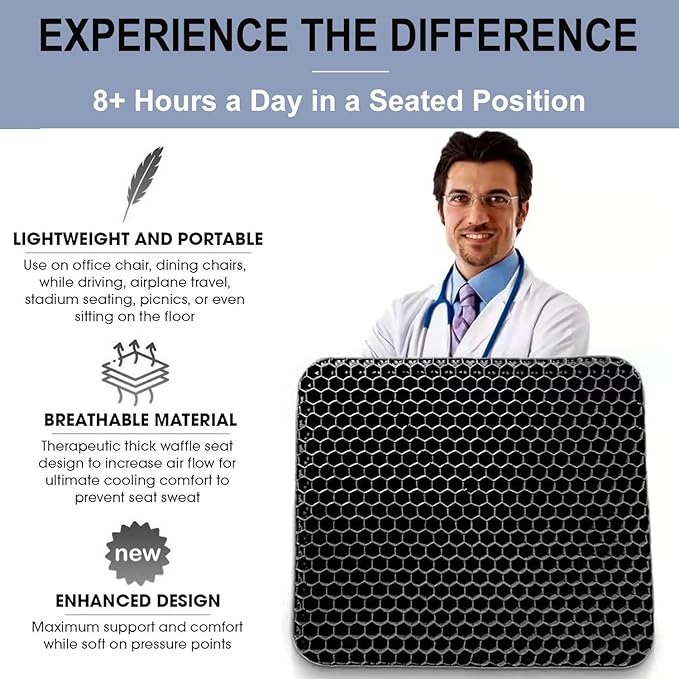 Gel Seat Cushion for Long Sitting Pressure Relief - Non-Slip Gel Chair Cushions for Back, Sciatica, Tailbone Pain Relief - Seat Cushion for Office Desk Chair, Car Seat – Wheelchair Cushions