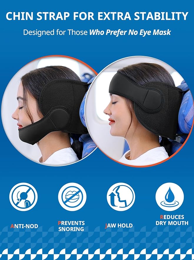 SARISUN Travel Pillow Combo with Chin Strap, Airplane Pillows with 3D Eye Mask for Sleeping, 360° Support Plane Head Strap for All Plane Seats, Long Flights Essentials, Stop Bobblehead, Pink