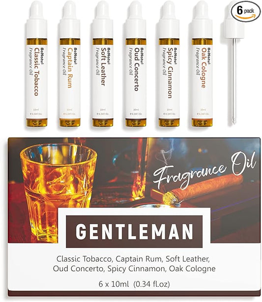 Benatu Gentleman Premium Fragrance Oils Set for Diffuser - Men Scents Perfume Oil Gift for Home (Classic Tobacco, Captain Rum, Soft Leather, Oud Concerto, Spicy Cinnamon, Oak Cologne) 6 Pcs