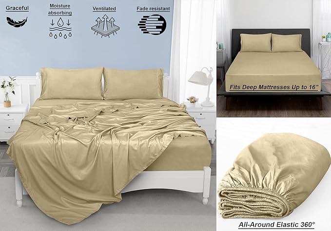 ROYALE LINENS 300 Thread Count 100% Long Staple Combed Cotton Sheet Set - 4 Piece King Bed Sheets - 1 Fitted, 1 Flat & 2 Pillow Cases - Soft Cool & Crisp Sheet Set (King, Beige)