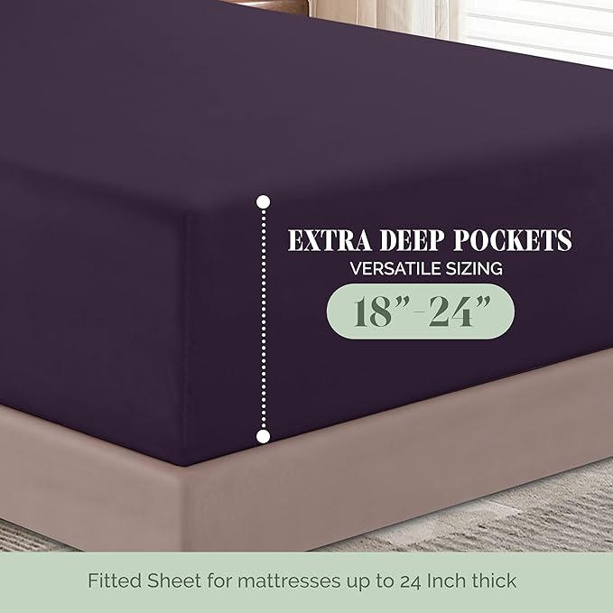 Elegant Comfort Luxury 1500 Premium Hotel Quality Microfiber 4-Piece Sheet Set - Soft, All Around Elastic 18-24 Inches Deep Fitted Sheet - Extra Deep Pocket Sheets, California King, Eggplant-Purple