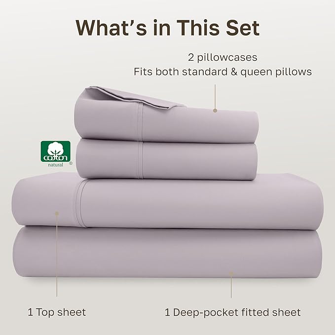 California Design Den Soft Queen Size 100% Cotton Sheet Sets, 400 TC Good Housekeeping Award Winner, Smooth Sateen Finish with Deep Pockets, Cozy and Durable Queen Bedding Set - Dusky Lavender Grey