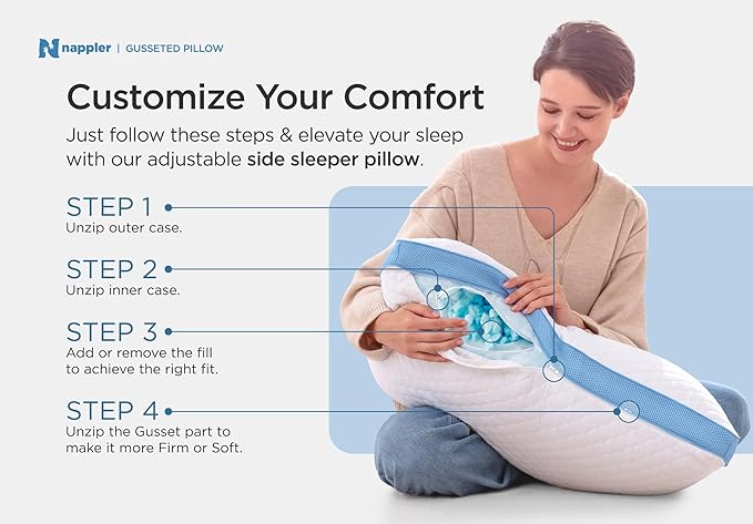 Nappler Side and Back Sleeper Pillow for Neck and Shoulder Pain Relief - Shredded Memory Foam Bed Pillow for Sleeping - 100% Adjustable Fill - King Size - Modal Washable Case. Extra Fill Included