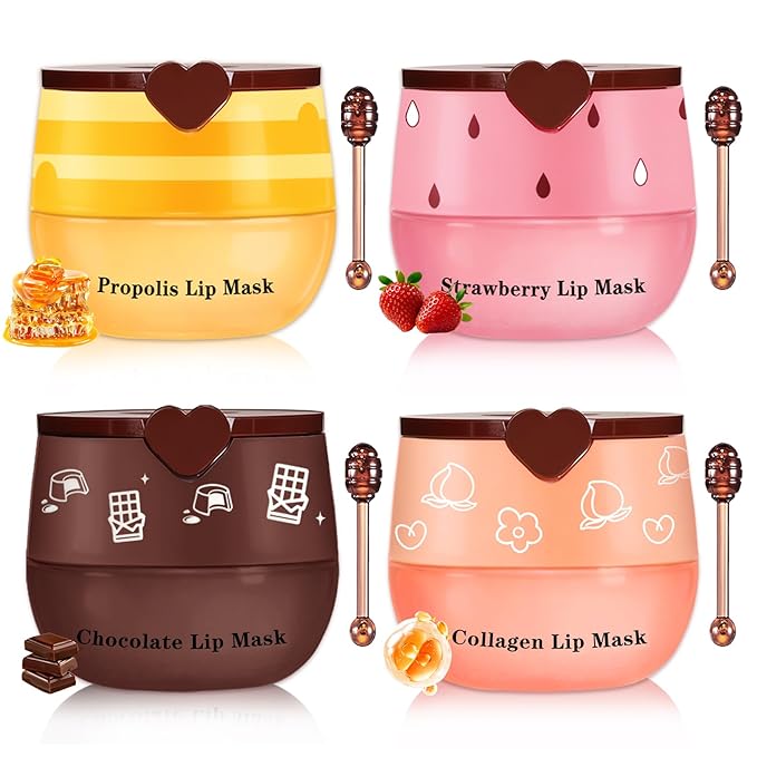 4 PCS Bee Lip Balm Honey Pot Hydrating & Preventing Dry Honey Balm Lip Balm Honey, Strawberry, Collagen, Chocolate Moisturizing Lip Sleeping Mask with Sticks