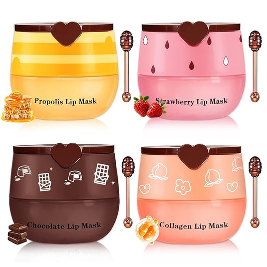 4 PCS Bee Lip Balm Honey Pot Hydrating & Preventing Dry Honey Balm Lip Balm Honey, Strawberry, Collagen, Chocolate Moisturizing Lip Sleeping Mask with Sticks