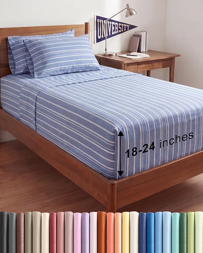 Extra Deep Twin XL Sheet Set - 4 Piece Breathable and Cooling Sheets - Hotel Luxury Bedding for Women, Men, Kids & Teens - Easy Secure Fit - Soft & Wrinkle Free with Extra Deep Pockets - Blue Stripes