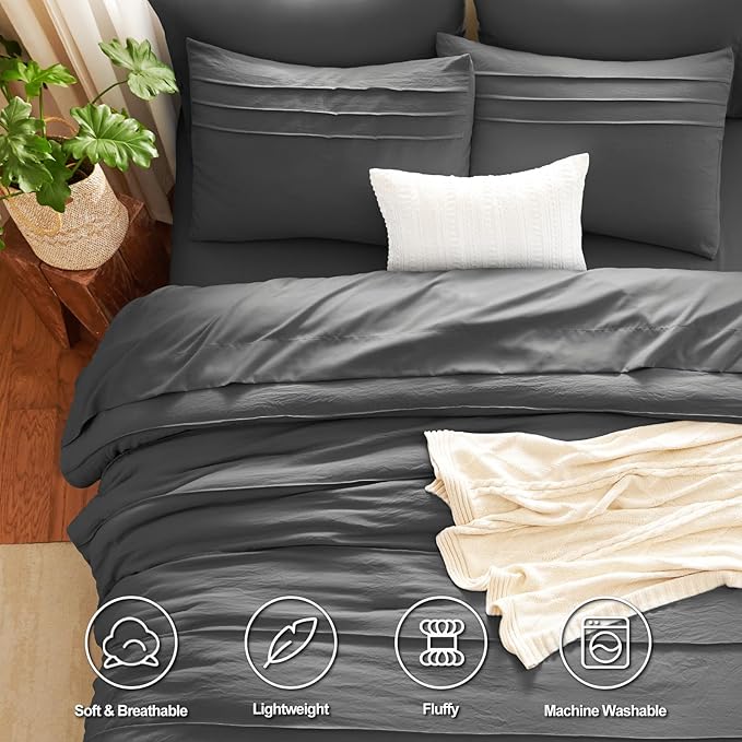 CozyLux Full Size Comforter Sets Dark Grey, 7 Pieces Soft Pinch Pleat Bed in a Bag Full Comforter Set with Sheets, Boho Bed Set with Down Alternative Comforter, Sheets, Pillowcases & Shams