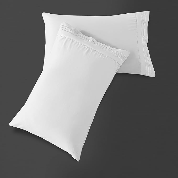 Mocassi 2-Piece Premium Standard/Queen Pillowcase Set 1800 Series Hotel Quality Microfiber - Soft and Breathable with 3-Line Embroidery Wrinkle and Stain Resistant, Easy Care, 20" x 30", White