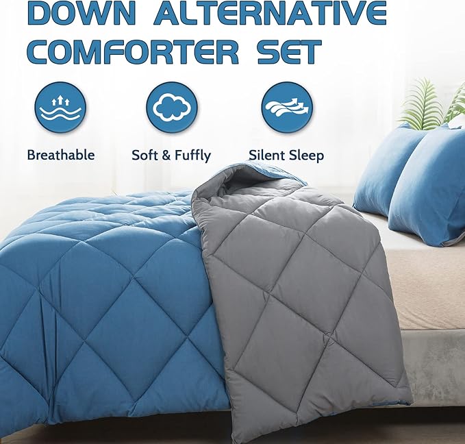 Decroom Lightweight Queen Comforter Set with 2 Pillow Sham - 3 Pieces Set - Quilted Down Alternative Comforter/Duvet Insert for All Season - Grayish Blue/Grey - Queen Size