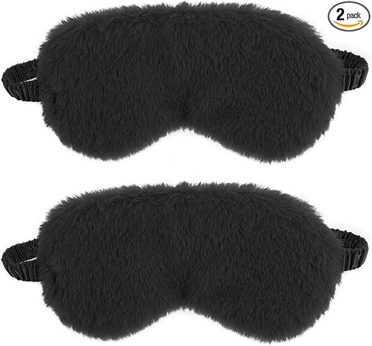2 Pcs Black Plush Eye Mask Soft Sleeping Blindfold Eye Cover Comfortable Furry Faux Fur Sleeping Mask Satin Nap Night Eyeshade Cover for Women Men Gift