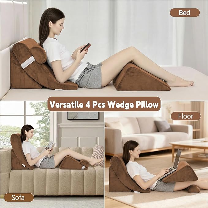 4PCS Orthopedic Bed Wedge Pillow Set for Post Surgery&Pain Relief,Adjustable Wedge Pillow for Back,Acid Reflux,Sitting up in Bed,Recovery,Snoring,Body Pillow for Sleeping (Brown)