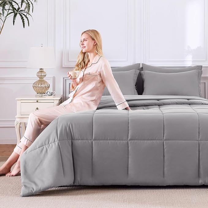 CozyLux King Size Comforter Set Grey - 7 Pieces Bed in a Bag King, Okeo-Tex Certifited Bedding Set, All Season Soft Bed Set with Down Alternative Comforter, Sheets, Pillowcases & Pillow Shams