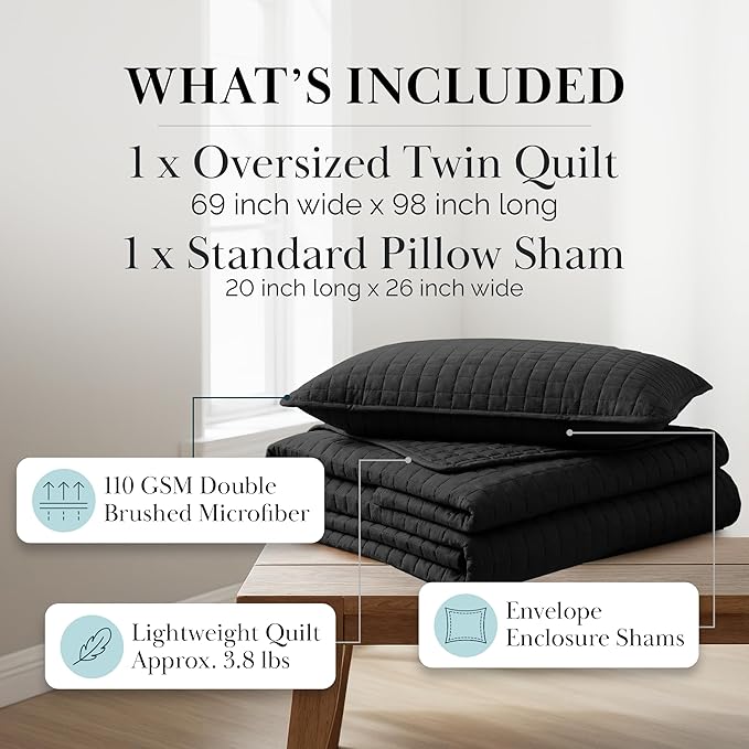 Southshore Fine Living, Inc. Twin XL Quilt Bedding Set, Dorm Room Bedding Essentials, Stain Resistant, Machine Washable Bedspread, XL/Twin Black Quilt Comforter Set/Bedspread with Pillow Sham, Black